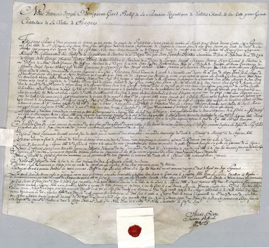 Archive relative à l’émeute de 1745 opposant une centaine de Bagnards à l’abbé de Saint-Maurice, un événement marquant de l’histoire de la vallée de Bagnes sur lequel repose une partie de cette recherche (Abbaye de Saint-Maurice)